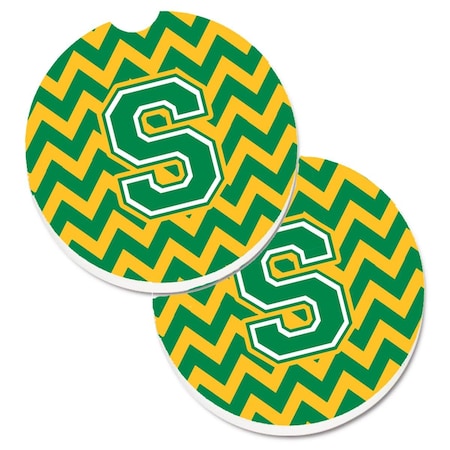 Carolines Treasures Letter S Chevron Green and Gold Set of 2 Cup Holder Car Coaster CJ1059-SCARC